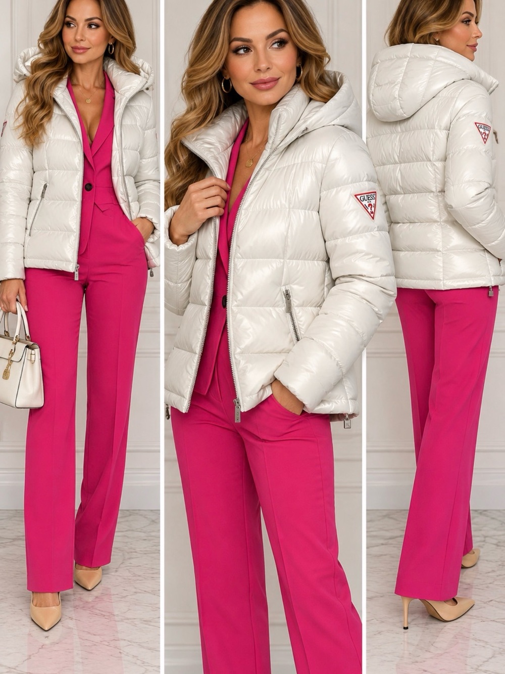 GUESS White Quilted Shiny Puffer Coat